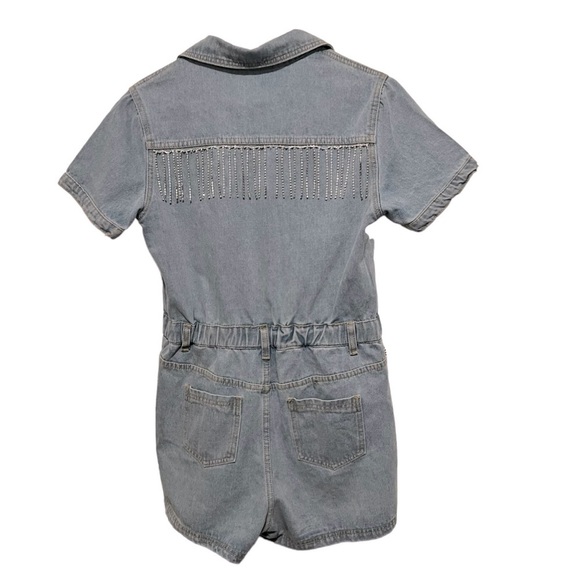 Blue B Rhinestone Fringe Light Wash Denim Romper Western Sparkle Size Small - Picture 2 of 15